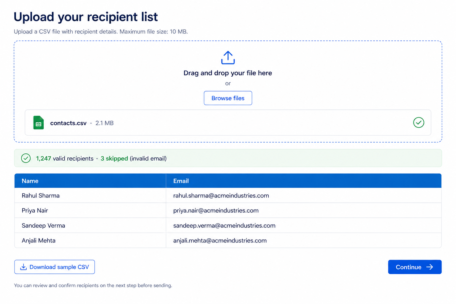 Upload CSV/Excel — Email & Name auto-detected