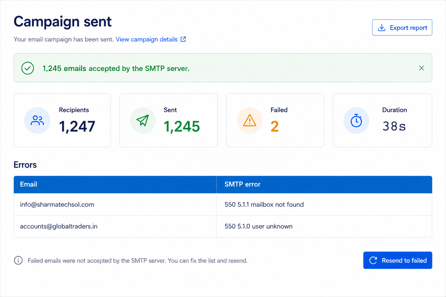 Live delivery summary + error log